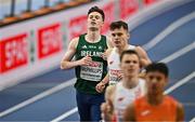 8 March 2025; Cian McPhillips of Ireland after competing in the men's 800m semi-final during day three of the European Athletics Indoor Championships 2025 at the Omnisport Apeldoorn in Apeldoorn, Netherlands. Photo by Sam Barnes/Sportsfile