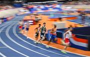 8 March 2025; Cian McPhillips of Ireland, centre, competes in the men's 800m semi-final during day three of the European Athletics Indoor Championships 2025 at the Omnisport Apeldoorn in Apeldoorn, Netherlands. Photo by Sam Barnes/Sportsfile