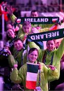 8 March 2025; Ten year old Ellen Cahill,  from Middleton, Cork, and friends, supporting members of Special Olympics Team Ireland as they arrive into the stadium for the Opening Ceremony of the Turin 2025 Special Olympics World Winter Games at the Inalpi Arena in Turin, Italy. Photo by Ray McManus/Sportsfile