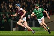 8 March 2025; Conor Cooney of Galway in action against William O'Donoghue of Limerick during the Allianz Hurling League Division 1A match between Limerick and Galway at TUS Gaelic Grounds in Limerick. Photo by Piaras Ó Mídheach/Sportsfile