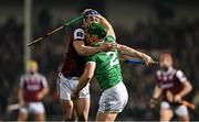 8 March 2025; Seán Finn of Limerick in action against Anthony Burns of Galway during the Allianz Hurling League Division 1A match between Limerick and Galway at TUS Gaelic Grounds in Limerick. Photo by Piaras Ó Mídheach/Sportsfile