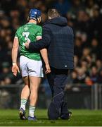 8 March 2025; Mike Casey of Limerick leaves the pitch to receive medical attention for an injury during the Allianz Hurling League Division 1A match between Limerick and Galway at TUS Gaelic Grounds in Limerick. Photo by Piaras Ó Mídheach/Sportsfile