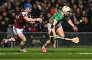 8 March 2025; Kyle Hayes of Limerick in action against Anthony Burns of Galway during the Allianz Hurling League Division 1A match between Limerick and Galway at TUS Gaelic Grounds in Limerick. Photo by Piaras Ó Mídheach/Sportsfile