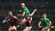 8 March 2025; Galway players Tiernan Killeen, left, and Conor Cooney of Galway and Limerick players Kyle Hayes and Barry Nash during the Allianz Hurling League Division 1A match between Limerick and Galway at TUS Gaelic Grounds in Limerick. Photo by Piaras Ó Mídheach/Sportsfile