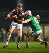 8 March 2025; Michael Garvey of Galway in action against Aaron Gillane of Limerick during the Allianz Hurling League Division 1A match between Limerick and Galway at TUS Gaelic Grounds in Limerick. Photo by Piaras Ó Mídheach/Sportsfile