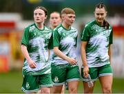 8 March 2025; Shamrock Rovers players, from left, Robyn Gleeson, Jaime Thompson and Melissa O'Kane before the SSE Airtricity Women's Premier Division match between Shelbourne and Shamrock Rovers at Tolka Park in Dublin. Photo by Stephen McCarthy/Sportsfile