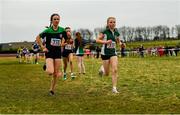 8 March 2025; Beth Reamsbottom, left of Santa Sabina and Aoife Murphy of Loreto Foxrock competes in the Junior Girls 2,500m  during the 123.ie All Ireland Schools Cross Country Championships at Galway Racecourse in Ballybrit, Galway. Photo by Tom Beary/Sportsfile