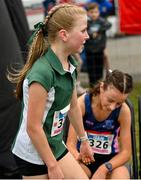 8 March 2025; Lily Walsh, 326, of Loreto Mullingar and Aoife Murphy of Loreto Foxrock after competing in the Junior Girls 2,500m during the 123.ie All Ireland Schools Cross Country Championships at Galway Racecourse in Ballybrit, Galway. Photo by Tom Beary/Sportsfile