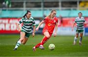 8 March 2025; Aoibheann Clancy of Shelbourne and Melissa O'Kane of Shamrock Rovers during the SSE Airtricity Women's Premier Division match between Shelbourne and Shamrock Rovers at Tolka Park in Dublin. Photo by Stephen McCarthy/Sportsfile