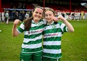 8 March 2025; Aoife Brophy, left, and Robyn Gleeson of Shamrock Rovers celebrate after the SSE Airtricity Women's Premier Division match between Shelbourne and Shamrock Rovers at Tolka Park in Dublin. Photo by Stephen McCarthy/Sportsfile