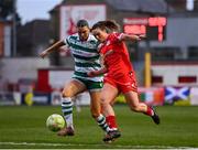 8 March 2025; Jemma Quinn of Shelbourne in action against Maria Reynolds of Shamrock Rovers during the SSE Airtricity Women's Premier Division match between Shelbourne and Shamrock Rovers at Tolka Park in Dublin. Photo by Stephen McCarthy/Sportsfile