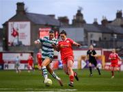 8 March 2025; Jemma Quinn of Shelbourne in action against Maria Reynolds of Shamrock Rovers during the SSE Airtricity Women's Premier Division match between Shelbourne and Shamrock Rovers at Tolka Park in Dublin. Photo by Stephen McCarthy/Sportsfile