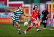 8 March 2025; Roma McLaughlin of Shelbourne in action against Melissa O'Kane of Shamrock Rovers during the SSE Airtricity Women's Premier Division match between Shelbourne and Shamrock Rovers at Tolka Park in Dublin. Photo by Stephen McCarthy/Sportsfile