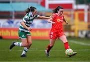 8 March 2025; Roma McLaughlin of Shelbourne in action against Melissa O'Kane of Shamrock Rovers during the SSE Airtricity Women's Premier Division match between Shelbourne and Shamrock Rovers at Tolka Park in Dublin. Photo by Stephen McCarthy/Sportsfile