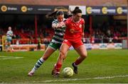 8 March 2025; Jemma Quinn of Shelbourne in action against Maria Reynolds of Shamrock Rovers during the SSE Airtricity Women's Premier Division match between Shelbourne and Shamrock Rovers at Tolka Park in Dublin. Photo by Stephen McCarthy/Sportsfile