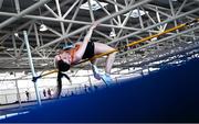 9 March 2025; Laura Frawley of Nenagh Olympic AC, Tippeary, competes in the womens u20 & u23 high jump during the 123.ie National U20 & U23 Indoor Championships at the TUS International arena in Athlone, Westmeath. Photo by Tyler Miller/Sportsfile