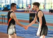 9 March 2025; Sean Cronin, left, and Lorcan Benjacar of Clonliffe Harriers A.C., Dublin, after the mens u20 1500m final during the 123.ie National U20 & U23 Indoor Championships at the TUS International arena in Athlone, Westmeath. Photo by Tyler Miller/Sportsfile