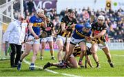 9 March 2025; John McGrath and Oisin O’Donoghue, left, of Tipperary in action against Kilkenny players, from left, David Blanchfield, Tommy Walsh, and Mikey Carey during the Allianz Hurling League Division 1A match between Kilkenny and Tipperary at UPMC Nowlan Park in Kilkenny. Photo by Stephen McCarthy/Sportsfile