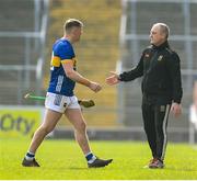 9 March 2025; Alan Tynan of Tipperary with manager Liam Cahill as he leaves the pitch after being sent off during the Allianz Hurling League Division 1A match between Kilkenny and Tipperary at UPMC Nowlan Park in Kilkenny. Photo by Stephen McCarthy/Sportsfile