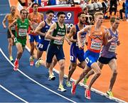 9 March 2025; Andrew Coscoran of Ireland, centre, in action during the men's 3000m final on day four of the European Athletics Indoor Championships 2025 at the Omnisport Apeldoorn in Apeldoorn, Netherlands. Photo by Sam Barnes/Sportsfile