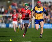 9 March 2025; John Conlon of Clare in action against Daniel Hogan of Cork during the Allianz Hurling League Division 1A match between Clare and Cork at Zimmer Biomet Páirc Chíosóg in Ennis, Clare. Photo by John Sheridan/Sportsfile