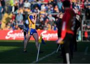 9 March 2025; David Fitzgerald of Clare walks off the pitch after recieving a red card from referee Liam Gordon during the Allianz Hurling League Division 1A match between Clare and Cork at Zimmer Biomet Páirc Chíosóg in Ennis, Clare.  Photo by John Sheridan/Sportsfile
