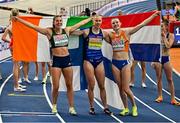 9 March 2025; Medallists in the women's pentathlon, from left, bronze medallist Kate O'Connor of Ireland, gold medallist Saga Vanninen of Finland and  silver medallist Sofie Dokter of Netherlands during day four of the European Athletics Indoor Championships 2025 at the Omnisport Apeldoorn in Apeldoorn, Netherlands. Photo by Sam Barnes/Sportsfile
