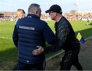 9 March 2025; Cork manager Pat Ryan, left shakes hands with Clare manager Brian Lohan after the Allianz Hurling League Division 1A match between Clare and Cork at Zimmer Biomet Páirc Chíosóg in Ennis, Clare.  Photo by John Sheridan/Sportsfile