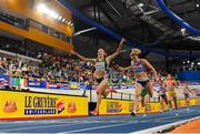 9 March 2025; Sarah Healy of Ireland crosses the line to win gold ahead of Melissa Courtney-Bryant of Great Britain in the women's 3000m final on day four of the European Athletics Indoor Championships 2025 at the Omnisport Apeldoorn in Apeldoorn, Netherlands. Photo by Sam Barnes/Sportsfile