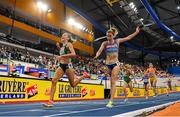 9 March 2025; Sarah Healy of Ireland crosses the line to win gold ahead of Melissa Courtney-Bryant of Great Britain in the women's 3000m final on day four of the European Athletics Indoor Championships 2025 at the Omnisport Apeldoorn in Apeldoorn, Netherlands. Photo by Sam Barnes/Sportsfile