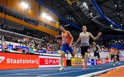 9 March 2025; Samuel Chapple of Netherlands crosses the line ahead of Eliott Crestan of Belgium and Mark English of Ireland in the men's 800m final on day four of the European Athletics Indoor Championships 2025 at the Omnisport Apeldoorn in Apeldoorn, Netherlands. Photo by Sam Barnes/Sportsfile