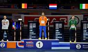 9 March 2025; Medallists in the men's 800m final, from left, silver medallist Eliott Crestan of Belgium, gold medallist Samuel Chapple of Netherlands and bronze medallist Mark English of Ireland on day four of the European Athletics Indoor Championships 2025 at the Omnisport Apeldoorn in Apeldoorn, Netherlands. Photo by Sam Barnes/Sportsfile