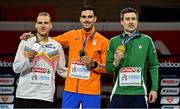 9 March 2025; Medallists in the men's 800m final, from left, silver medallist Eliott Crestan of Belgium, gold medallist Samuel Chapple of Netherlands and bronze medallist Mark English of Ireland on day four of the European Athletics Indoor Championships 2025 at the Omnisport Apeldoorn in Apeldoorn, Netherlands. Photo by Sam Barnes/Sportsfile