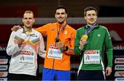 9 March 2025; Medallists in the men's 800m final, from left, silver medallist Eliott Crestan of Belgium, gold medallist Samuel Chapple of Netherlands and bronze medallist Mark English of Ireland on day four of the European Athletics Indoor Championships 2025 at the Omnisport Apeldoorn in Apeldoorn, Netherlands. Photo by Sam Barnes/Sportsfile