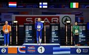 9 March 2025; Medallists in the women's pentathlon, from left, silver medallist Sofie Dokter of Netherlands, gold medallist Saga Vanninen of Finland and bronze medallist Kate O'Connor of Ireland on day four of the European Athletics Indoor Championships 2025 at the Omnisport Apeldoorn in Apeldoorn, Netherlands. Photo by Sam Barnes/Sportsfile