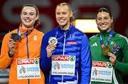 9 March 2025; Medallists in the women's pentathlon, from left, silver medallist Sofie Dokter of Netherlands, gold medallist Saga Vanninen of Finland and bronze medallist Kate O'Connor of Ireland on day four of the European Athletics Indoor Championships 2025 at the Omnisport Apeldoorn in Apeldoorn, Netherlands. Photo by Sam Barnes/Sportsfile