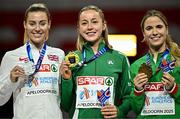 9 March 2025; Medallists in the women's 3000m, from left, silver medallist Melissa Courtney-Bryant of Great Britain, gold medallists Sarah Healy of Ireland and bronze medallist Salomé Afonso of Portugal on day four of the European Athletics Indoor Championships 2025 at the Omnisport Apeldoorn in Apeldoorn, Netherlands. Photo by Sam Barnes/Sportsfile Photo by Sam Barnes/Sportsfile