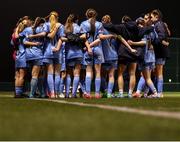 9 March 2025; DLR Waves players huddle after their side's defeat in the EA SPORTS LOI Academy Womens U19 League match between Shamrock Rovers and DLR Waves at Roadstone Academy in Dublin. Photo by Thomas Flinkow/Sportsfile