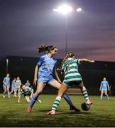 9 March 2025; Laila Mackey of DLR Waves in action against Ciara Jane Whyte of Shamrock Rovers during the EA SPORTS LOI Academy Womens U19 League match between Shamrock Rovers and DLR Waves at Roadstone Academy in Dublin. Photo by Thomas Flinkow/Sportsfile