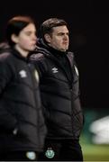 9 March 2025; Shamrock Rovers head coach Wayne Ashbrook and coach Lauren Fox during the EA SPORTS LOI Academy Womens U19 League match between Shamrock Rovers and DLR Waves at Roadstone Academy in Dublin. Photo by Thomas Flinkow/Sportsfile