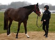 10 March 2025: Jockey Rachael Blackmore with Workahead ahead of the Cheltenham Racing Festival at Prestbury Park in Cheltenham, England. Photo by Harry Murphy/Sportsfile