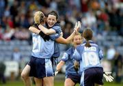 11 September 2004; Dublin players Louise Kelly (21),  Lyndsay Davey, Sinead Ahern (19) and Angie McNally (back) celebrate victory over Kerry. Ladies Football Senior Championship Semi-Final, Dublin v Kerry, O'Moore Park, Portlaoise, Co. Laois. Picture credit; Matt Browne / SPORTSFILE