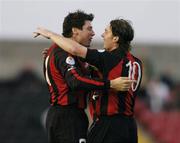 11 September 2004; Dean Fitzgerald, left, Longford Town, celebrates after scoring his sides first goal with team-mate Dessie Baker. FAI Cup Quarter-Final, Longford Town v Athlone Town, Flancare Park, Longford. Picture credit; David Maher / SPORTSFILE