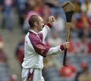 12 September 2004; Galway goalkeeper Mark Herlihy celebrates after his sides first goal. All-Ireland Minor Hurling Championship Final, Galway v Kilkenny, Croke Park, Dublin. Picture credit; Brian Lawless / SPORTSFILE *** Local Caption *** Any photograph taken by SPORTSFILE during, or in connection with, the 2004 Guinness All-Ireland Hurling Final which displays GAA logos or contains an image or part of an image of any GAA intellectual property, or, which contains images of a GAA player/players in their playing uniforms, may only be used for editorial and non-advertising purposes.  Use of photographs for advertising, as posters or for purchase separately is strictly prohibited unless prior written approval has been obtained from the Gaelic Athletic Association.