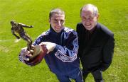 13 September 2004; Shelbourne's Owen Heary is presented with the eircom Soccer Writers Association of Ireland Player of the Month for August by Padraig Corkery, Sponsorship Manager, eircom, in Tolka Park, Dublin. Picture credit; Brendan Moran / SPORTSFILE