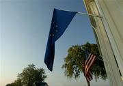 13 September 2004; The European and US flags hang from the Clubhouse at the 35th Ryder Cup Matches. Oakland Hills Country Club, Bloomfield Township, Michigan, USA. Picture credit; Matt Browne / SPORTSFILE