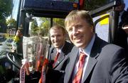 13 September 2004; Cork captain Ben O'Connor and manager Donal O'Grady with the the Liam MacCarthy Cup on the team bus prior to the victorious Cork team's homecoming to Cork. Burlington Hotel, Dublin. Picture credit; Damien Eagers / SPORTSFILE