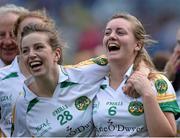 29 September 2013; Offaly players Katie Killeen, left, and Hannah McMahon celebrate after the game. TG4 All-Ireland Ladies Football Junior Championship Final, Offaly v Wexford, Croke Park, Dublin. Picture credit: Brendan Moran / SPORTSFILE