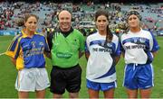 29 September 2013; Refeee Gus Chapman with team captains Anne O'Dwyer, left, Tipperary and Roisin O'Keeffe and Donna English, Cavan. TG4 All-Ireland Ladies Football Interrmediate Championship Final, Cavan v Tipperary, Croke Park, Dublin. Picture credit: Brendan Moran / SPORTSFILE