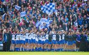 29 September 2013; The Monaghan squad stand for the national anthem before the game. TG4 All-Ireland Ladies Football Senior Championship Final, Cork v Monaghan, Croke Park, Dublin. Picture credit: Brendan Moran / SPORTSFILE
